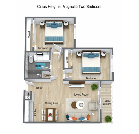 Floor plan for 2 beds, 1 bath, 680 sqft